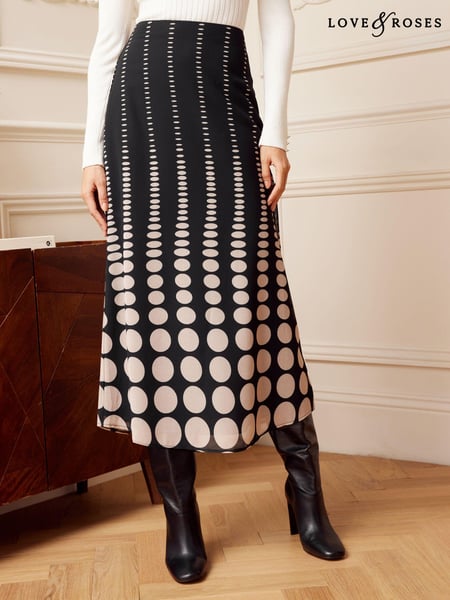 Love & Roses Black/White Polka Dot Printed Column Midi Skirt (K68700) | € 13