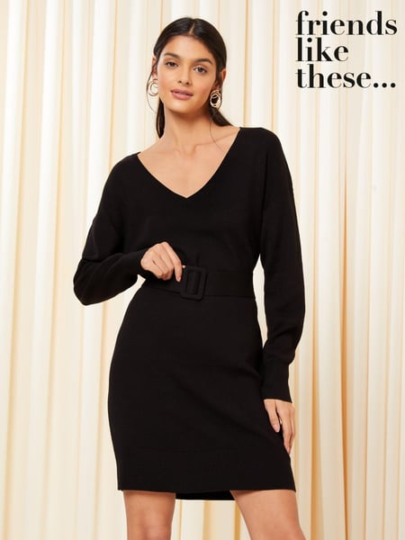 Friends Like These Black V Neck Belted knitted Dress (K69106) | € 16