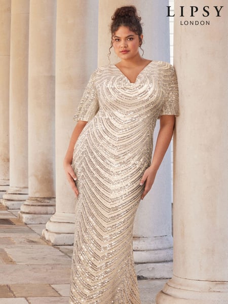 Lipsy Champagne Gold Curve Sequin Cowl Neck Reversible Bridesmaid Dress (K69297) | € 116