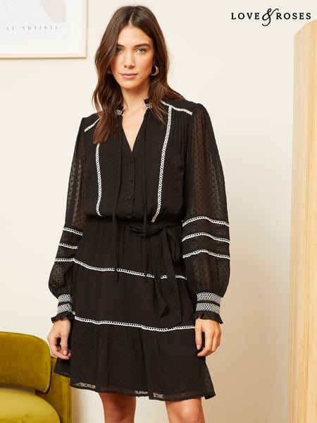 Love & Roses Black and White Contrast Stitch Tie Neck Belted Mini Dress (K69901) | € 17