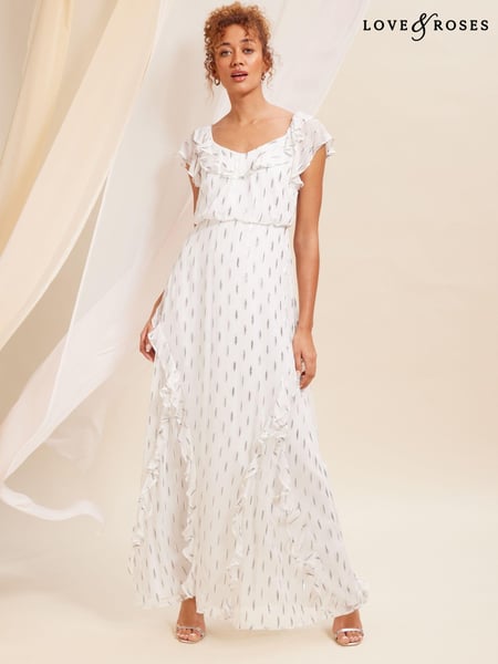 Love & Roses Ivory White Metallic Ruffle Detail Tie Back Maxi Dress (K69903) | € 26