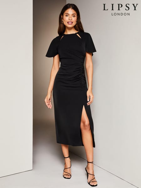 Lipsy Black Ruched Button Front Sleeved Midi Dress (K70400) | € 20