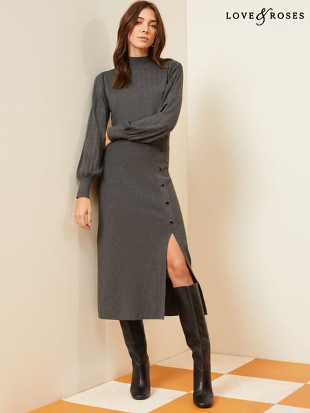 Love & Roses Grey High Neck Long Sleeve Button Knitted Midi Dress (K72050) | € 23