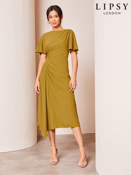 Lipsy Green Petite Ruched Asymmetricalmetrical Flutter Sleeve Midi Dress (K72274) | € 26