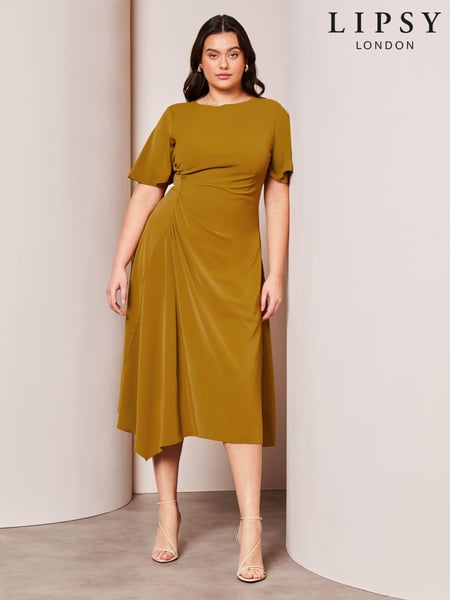 Lipsy Green Curve Ruched Asymmetrical Flutter Sleeve Midi Dress (K72276) | € 45
