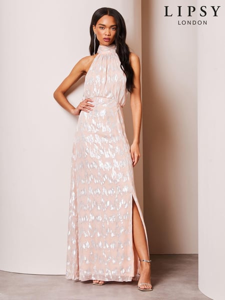 Lipsy Blush Pink Bridesmaid Halter Metallic Split Maxi Dress (K73178) | € 43