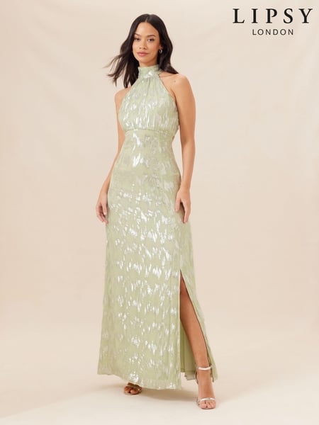 Lipsy Sage Green Bridesmaid Halter Metallic Split Maxi Dress (K73193) | € 35