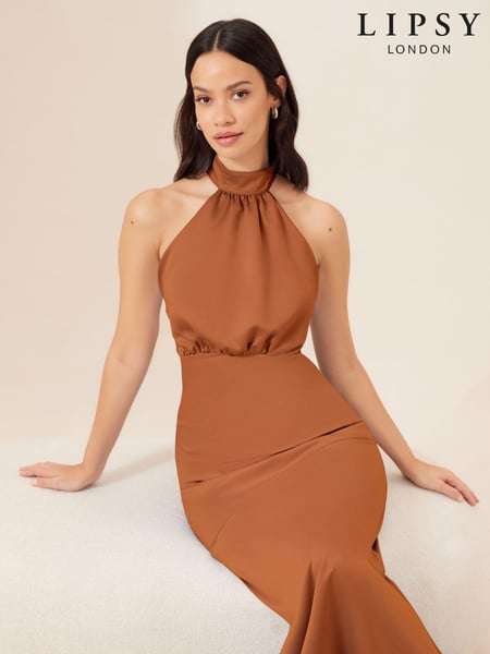 Lipsy Rust Brown Halter Neck Empire Bridesmaid Satin Maxi Dress (K73197) | € 63