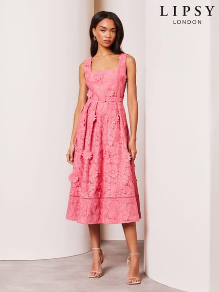 Lipsy Pink Premium 3D Lace Embroidery Floral Midi Prom Dress (K73351) | € 96