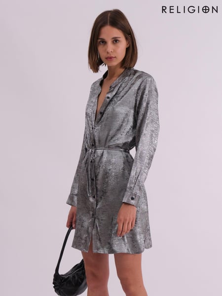 Religion Silver Metallic Long Line Fold Tunic Dress With Skinny (K73530) | € 74