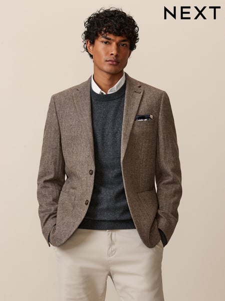 Taupe Regular Fit Wool Rich Herringbone Blazer (K73578) | € 148