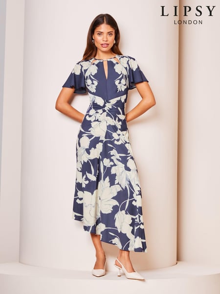 Lipsy Navy Blue Petite Ruched Front Keyhole Cut Out Asymmetrical Midi Dress (K73633) | € 57