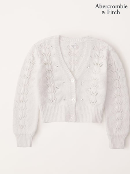 Abercrombie & Fitch Cream Textured Pointelle Cropped V-Neck Knitted Cardigan (K74473) | € 15