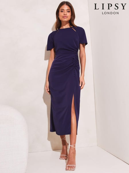 Lipsy Navy Ruched Button Front Sleeved Midi Dress (K75568) | € 30