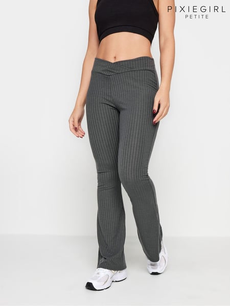 PixieGirl Petite Grey V-Front Ribbed Flare Trousers (K77513) | € 37