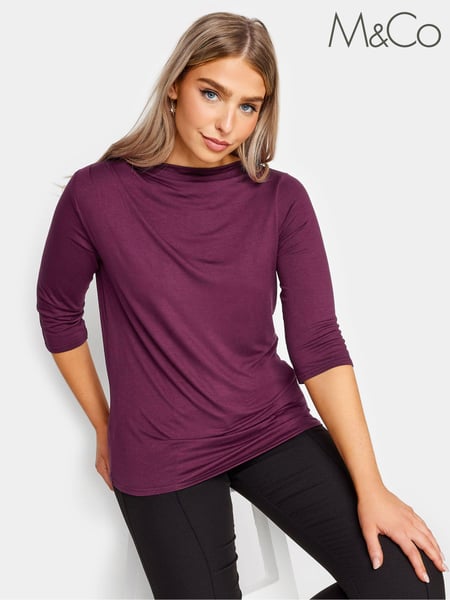 M&Co Purple 3/4 Length Sleeve Pleated Neck Top (K77714) | € 37