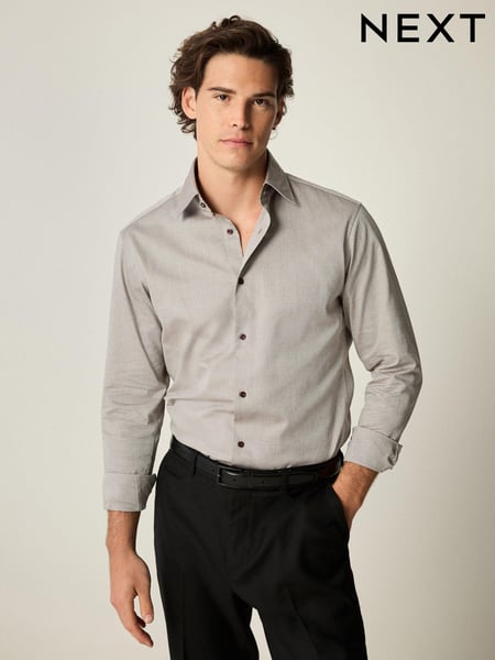 Neutral Brown Slim Fit Trimmed 100% Cotton Texture Long Sleeve Single Cuff Shirt (K78334) | € 57