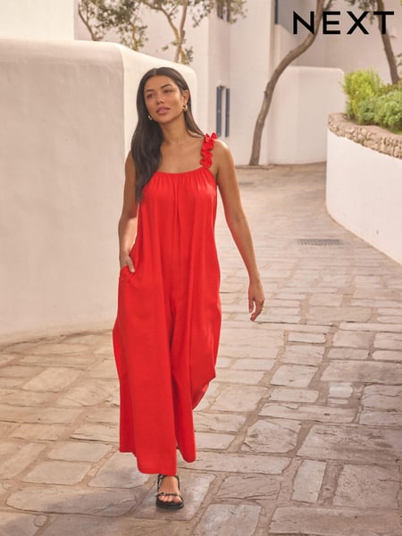Red Ruffle Strap Wide Leg 100% Cotton Jumpsuit (K79321) | € 52
