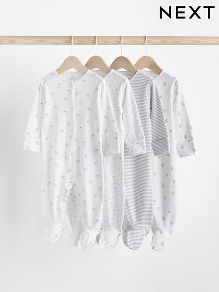 White 4 Pack Baby Delicate Animal Printed 100% Cotton Sleepsuits (0-2yrs) (K79483) | € 26 - € 28