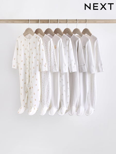 White 7 Pack Baby Delicate Animal Printed 100% Cotton Sleepsuits (0-2yrs) (K79484) | € 43 - € 45
