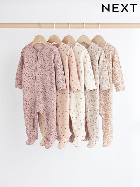 Caramel Brown 100% Cotton Two Way Zip Baby Sleepsuits 5 Pack (0-2yrs) (K79488) | € 44 - € 47