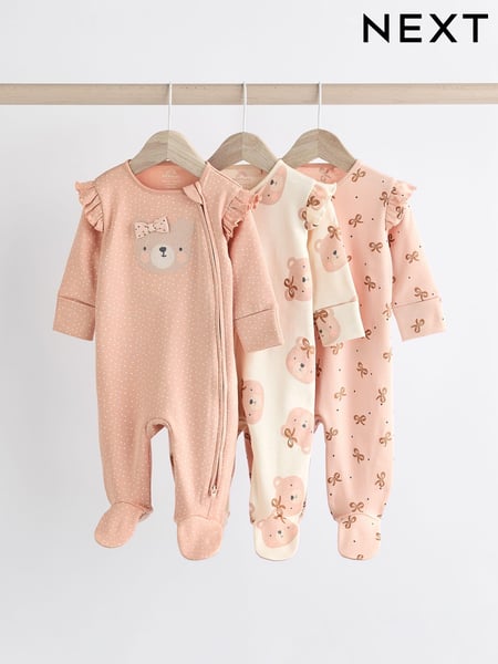 Pink Bear Two Way 100% Cotton Zip Baby Sleepsuits 3 Pack (0-2yrs) (K79501) | € 31 - € 34
