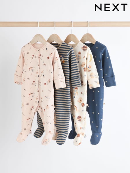 Neutral Space Print Baby 100% Cotton Sleepsuits 4 Pack (0mths-2yrs) (K79528) | € 23 - € 25
