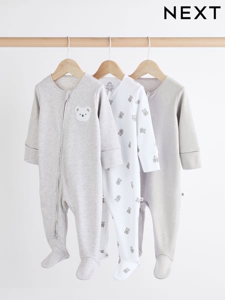 Grey Baby Two Way Zip 100% Cotton Sleepsuits 3 Pack (0mths-2yrs) (K79551) | € 26 - € 28