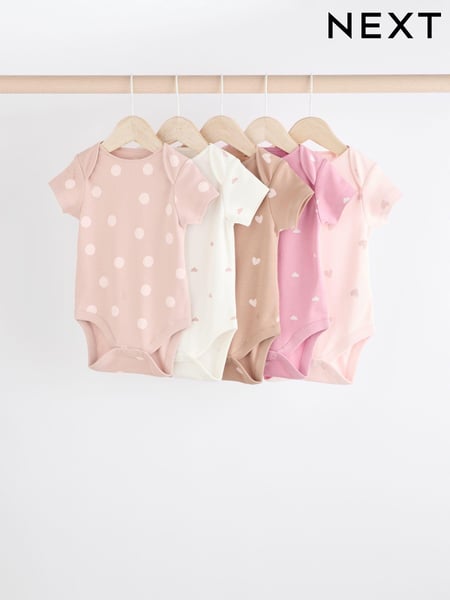 Brown & Pink Baby Short Sleeve 100% Cotton Bodysuits 5 Pack (K79585) | € 24 - € 27