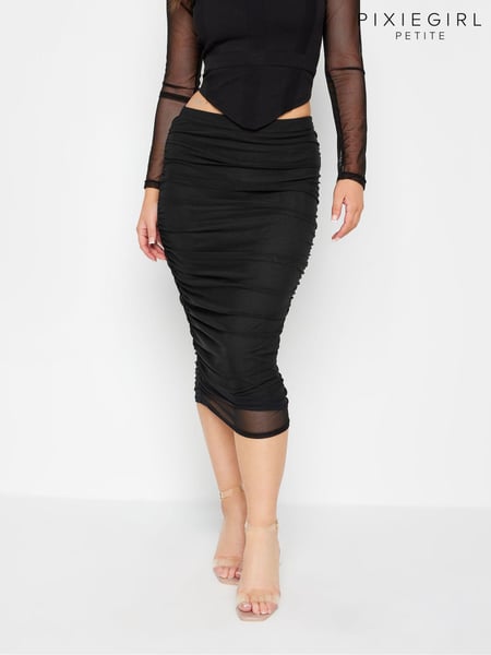 PixieGirl Petite Black Chrome Mesh Ruched Midi Skirt (K79601) | € 9