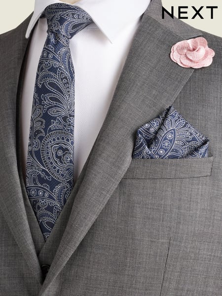 Navy Blue/Pink Textured Paisley Tie, Pocket Square And Pin Set (K79624) | € 30