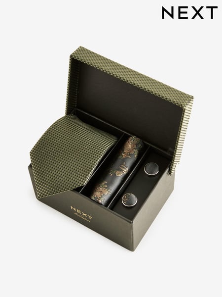 Olive Green Silk Tie, Pocket Square and Cufflinks Gift Box Set (K79678) | € 60