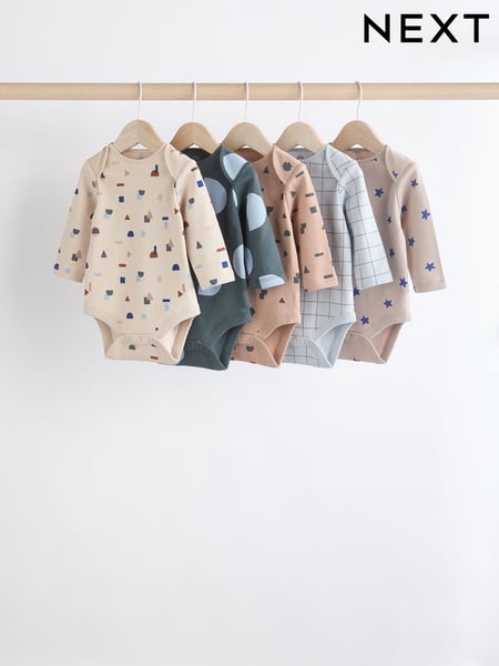 Blue Printed 5 Pack Long Sleeve Baby Bodysuits 5 Pack (K79792) | € 26 - € 28