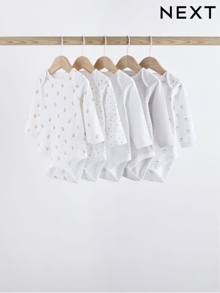 White Delicate Animal Print 5 Pack Long Sleeve Baby Bodysuits (K79876) | € 11 - € 14