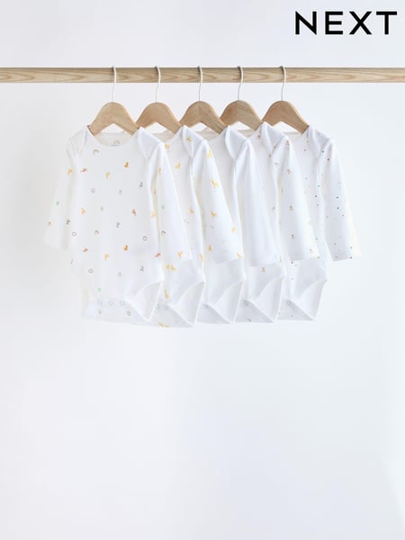 White 5 Pack Long Sleeve 100% Cotton Baby Bodysuits (K79882) | € 11 - € 14
