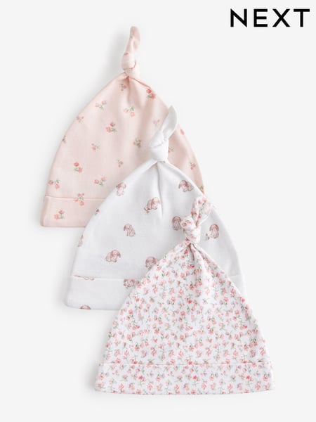 Pink Baby Tie Top 100% Cotton Hats 3 Pack (0-12mths) (K80228) | € 6