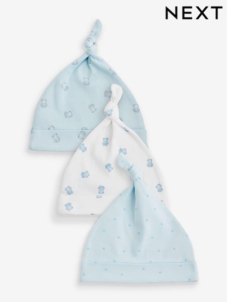 Blue/White Bear Baby Tie Top 100% Cotton Hats 3 Pack (0-12mths) (K80762) | € 6