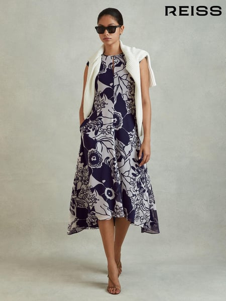 Reiss Blue Becci Printed Open Back Midi Dress (K80839) | € 246