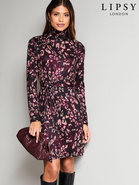 Lipsy Red Petite Jersey Tie Waist High Neck Long Sleeve Shift Mini Dress (K81174) | € 22