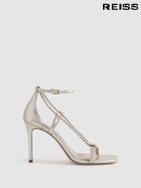 Reiss Gold Paige Leather Plaited Strappy Heeled Sandals (K81530) | € 262