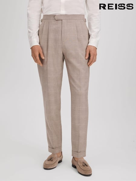 Reiss Oatmeal Collect Slim Fit Check Adjuster Trousers with Turn-Ups (K81540) | € 215