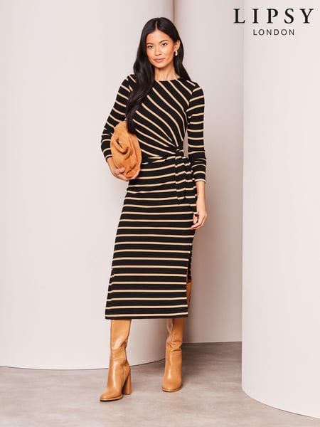 Lipsy Black/White Crew Neck Cosy Long Sleeve Tie Side Jersey Midi Jumper Dress (K82034) | € 14