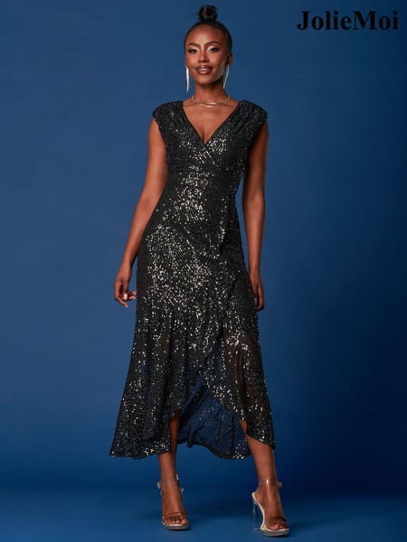 Jolie Moi Black Sequin Wrap Ruffle Hem Maxi Dress (K82577) | € 29