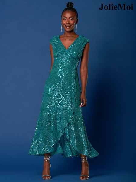 Jolie Moi Blue Sequin Wrap Ruffle Hem Maxi Dress (K82580) | € 29