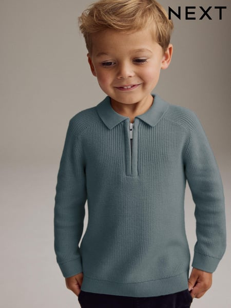 Teal Blue Long Sleeve Quarter Zip Knitted Polo Shirt (3mths-7yrs) (K82652) | € 20 - € 23