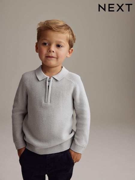 Light Grey Long Sleeve Quarter Zip Knitted Polo Shirt (3mths-7yrs) (K82656) | € 20 - € 23