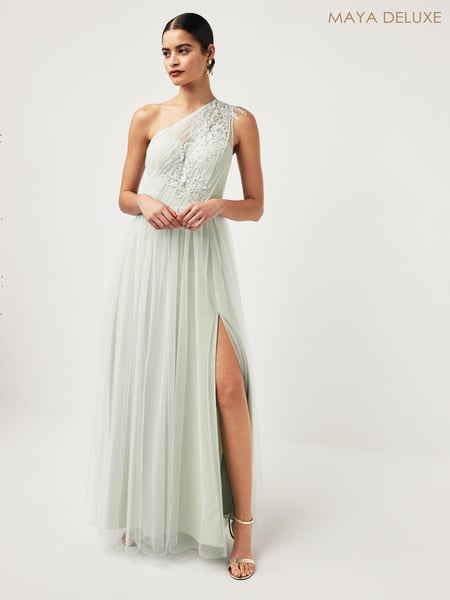 Maya Light Green One Shoulder Tulle Maxi Dress With Embellished Motif (K83158) | € 64