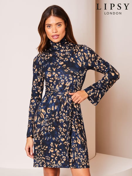 Lipsy Navy Blue Jersey Tie Waist High Neck Long Sleeve Shift Mini Dress (K84109) | € 11