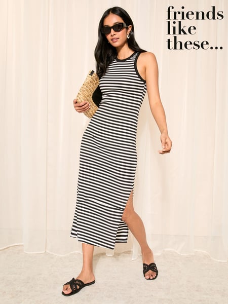 Friends Like These Black/White Rib Racer Round Neck Midi Dress (K85393) | € 19