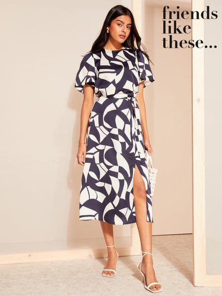 Friends Like These Navy Flutter Sleeve Printed Satin Midi Dress (K85439) | € 37